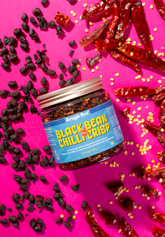 Struggle Butt Black Bean Chilli Crisp - Crunchy Umami Condiment for Momos and Dal Chawal